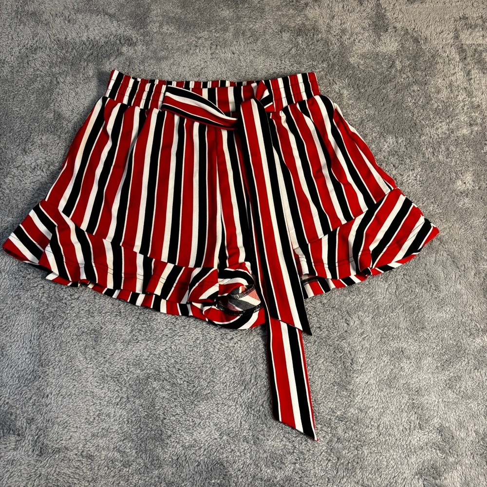 Express Striped Ruffle Hem Tie Waist Shorts Red Black White Small 400304